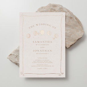 Invitación Con Relieve Metalizado Mano caprichosa de sol y luna dibujada Boda celest