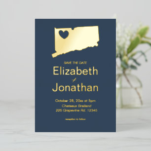 Invitación Con Relieve Metalizado Mapa de Connecticut Boda de Destino    