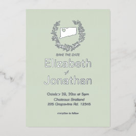 Invitación Con Relieve Metalizado Mapa de Connecticut Boda de destino simple