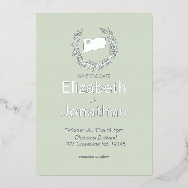 Invitación Con Relieve Metalizado Mapa de Connecticut Boda de destino simple (Anverso)