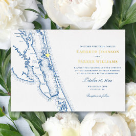 Invitación Con Relieve Metalizado Mapa de Corolla NC OBX Boda Azul Marino y Dorado