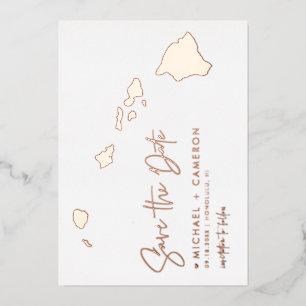 Invitación Con Relieve Metalizado Mapa de Hawái Minimalista Save The Date Rosa Dorad
