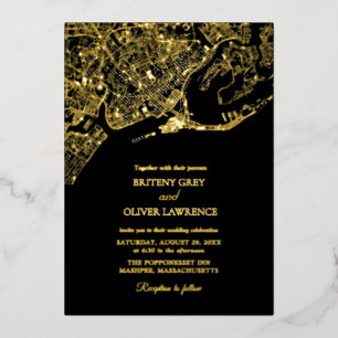 Invitación Con Relieve Metalizado Mapa de Newport Rhode Island boda dorada