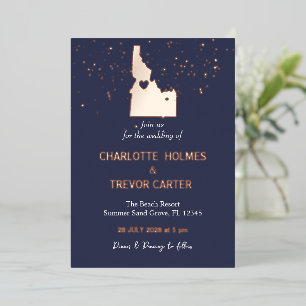 Invitación Con Relieve Metalizado Mapa del Estado de Idaho Boda Navy Oro