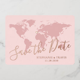 Invitación Con Relieve Metalizado Mapa del Mundo Rosa Dorado para Save the Date