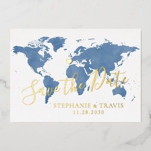 Invitación Con Relieve Metalizado Mapa Mundial de Boda de Destino Azul Guardar la Fe