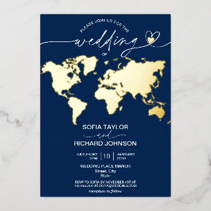 Invitación Con Relieve Metalizado Mapa Mundial de Destino de Boda Tipografía Dorado