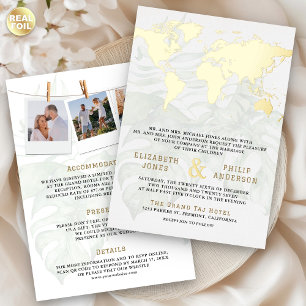 Invitación Con Relieve Metalizado Mapa Mundial Destino Tropical Blanco Boda Dorado