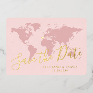 Invitación Con Relieve Metalizado Mapa Mundial Rosa de Destino de Hoja de Oro Guarda