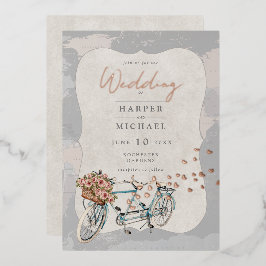 Invitación Con Relieve Metalizado mapamundi de bicicleta tándem boda