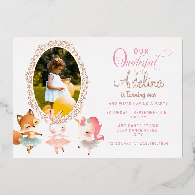 Invitación Con Relieve Metalizado Maravilloso Fiesta de cumpleaños de Ballerina Anim (Anverso)