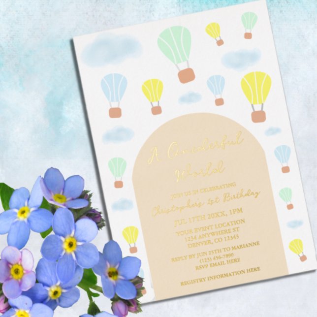 Invitación Con Relieve Metalizado Maravilloso mundo globo aerostático 1º cumpleaños (Subido por el creador)