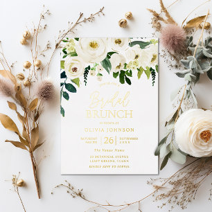 Invitación Con Relieve Metalizado Maravilloso White Floral Bridal Shower Brunch Gold