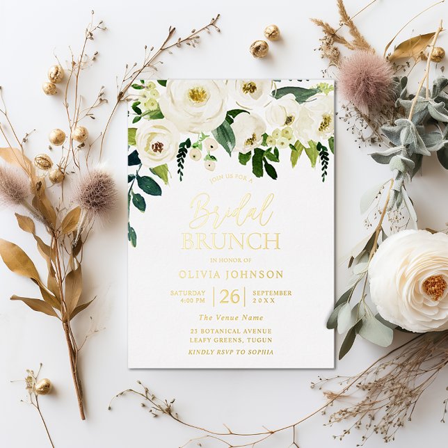 Invitación Con Relieve Metalizado Maravilloso White Floral Bridal Shower Brunch Gold (Subido por el creador)