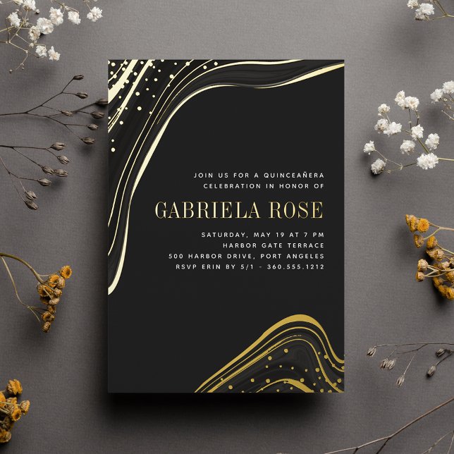 Invitación Con Relieve Metalizado Marble líquido de lujo negro y oro Quinceanera (Subido por el creador)
