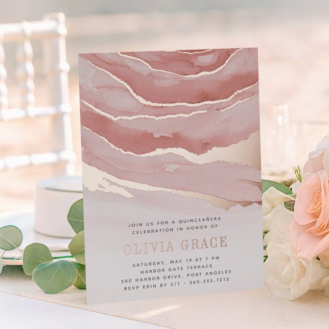 Invitación Con Relieve Metalizado Marble rosa de lujo Quinceanera (Subido por el creador)