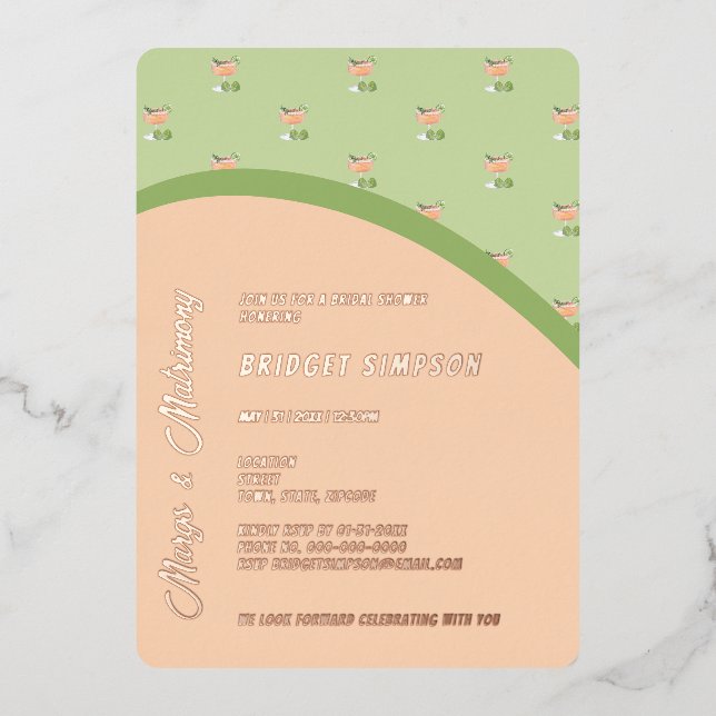 Invitación Con Relieve Metalizado marchas de moda boho y ducha matrimonial (Anverso)