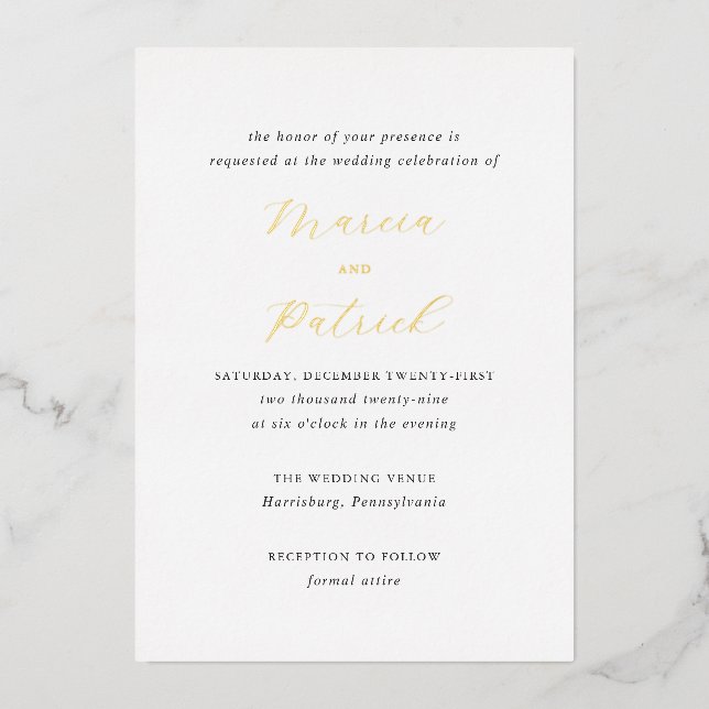 Invitación Con Relieve Metalizado Marcia Classic Elegant Wedding (Anverso)