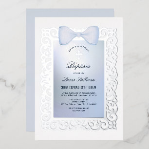 Invitación Con Relieve Metalizado Marco Antiguo Arco Azul Bautizo