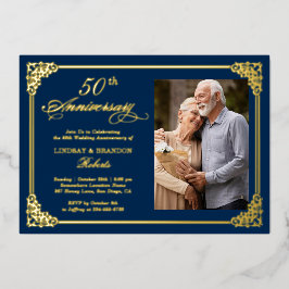 Invitación Con Relieve Metalizado Marco Antiguo Azul Dorado para Foto de Boda Aniver