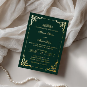 Invitación Con Relieve Metalizado Marco Antiguo Boda Musulmana Esmeralda Verde Dorad