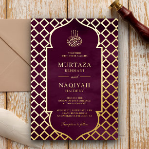 Invitación Con Relieve Metalizado Marco Antiguo Ciruela Púrpura Boda Musulmana Dorad