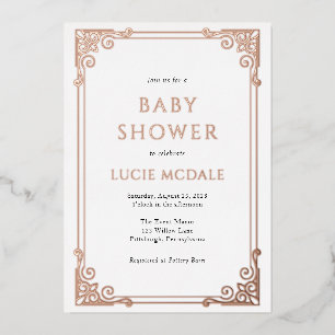 Invitación Con Relieve Metalizado Marco Antiguo Ornate Baby Shower Real