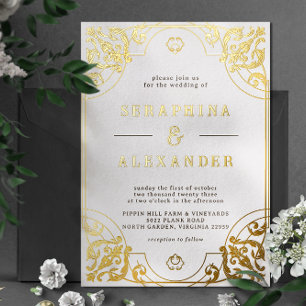 Invitación Con Relieve Metalizado Marco Antiguo Ornate Boda Real Dorada y Blanca