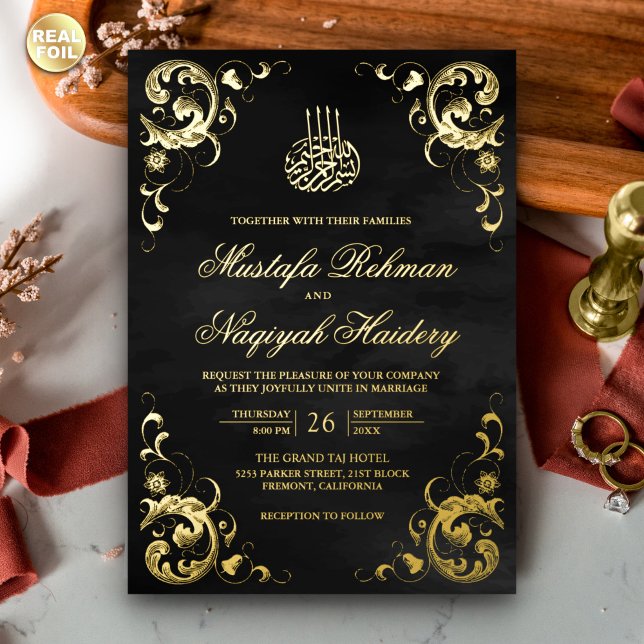 Invitación Con Relieve Metalizado Marco antiguo Oro Boda islámico negro (Subido por el creador)
