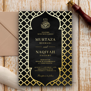 Invitación Con Relieve Metalizado Marco antiguo Oro del Boda musulmán negro