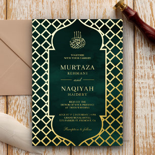 Invitación Con Relieve Metalizado Marco antiguo oro verde esmeralda Boda musulmana