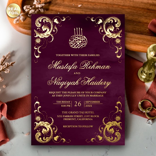Invitación Con Relieve Metalizado Marco antiguo Plum Oro Boda islámico púrpura (Subido por el creador)