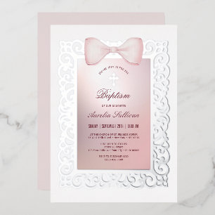 Invitación Con Relieve Metalizado Marco Antiguo Rosa Bautizo