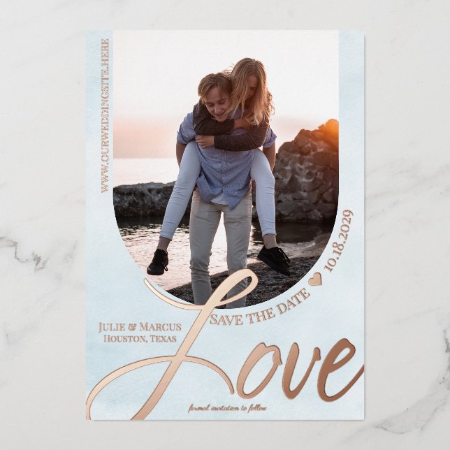 Invitación Con Relieve Metalizado Marco arqueado de amor con luz fotográfica azul (Anverso)