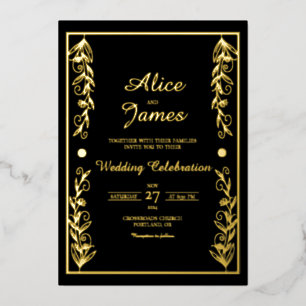 Invitación Con Relieve Metalizado Marco Botánico Elegante Boda con Hojas de Oro Negr