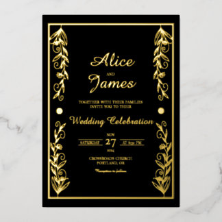 Invitación Con Relieve Metalizado Marco Botánico Elegante Boda con Hojas de Oro Negr