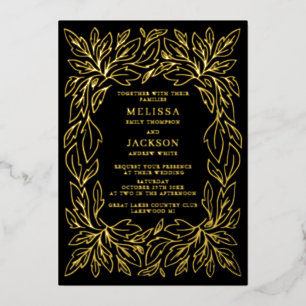 Invitación Con Relieve Metalizado Marco Botánico Moderno Boda Elegante Negro