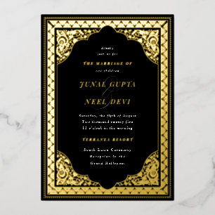 Invitación Con Relieve Metalizado Marco de adorno hindú elegante Boda india Negro