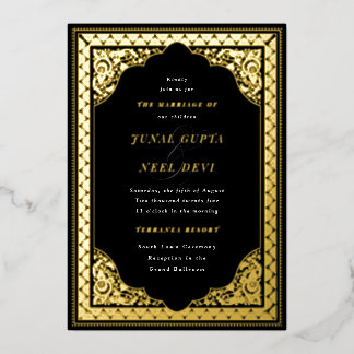 Invitación Con Relieve Metalizado Marco de adorno hindú elegante Boda india Negro
