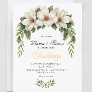 Invitación Con Relieve Metalizado Marco de árbol de pino de boda de magnolia blanca