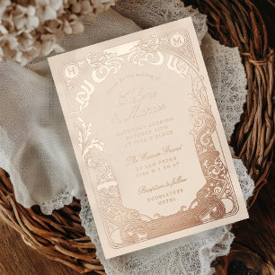 Invitación Con Relieve Metalizado Marco de Art Nouveau Monograma Boda Rosa Melocotón