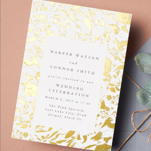 Invitación Con Relieve Metalizado Marco de boda de flores silvestres de hoja de oro 