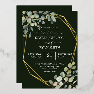 Invitación Con Relieve Metalizado Marco de boda rústico de eucalipto y oro verde rea