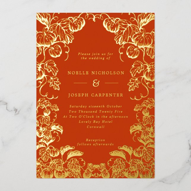 Invitación Con Relieve Metalizado Marco de calabaza Boda de otoño Naranja quemado y  (Anverso)