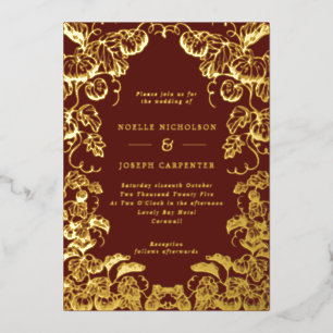 Invitación Con Relieve Metalizado Marco de Calabaza Boda Otoño Burgundy & Hoja de Or