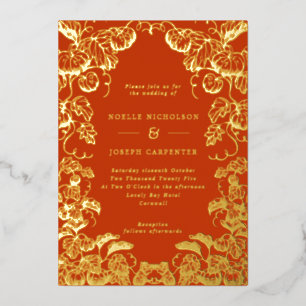 Invitación Con Relieve Metalizado Marco de Calabaza Boda Otoño Quemado Naranja y Dor