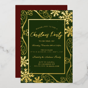 Invitación Con Relieve Metalizado Marco de copo de nieve con remolino dorado y verde