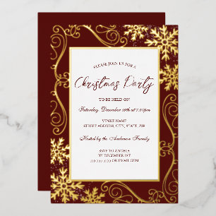 Invitación Con Relieve Metalizado Marco de copo de nieve rojo dorado Fiesta de Navid