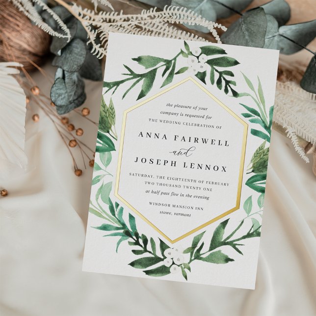 Invitación Con Relieve Metalizado Marco de efecto invernadero | Acuarela Botánica (Subido por el creador)