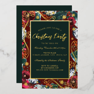 Invitación Con Relieve Metalizado Marco de Flor de Remolino Dorado Rojo Verde Fiesta